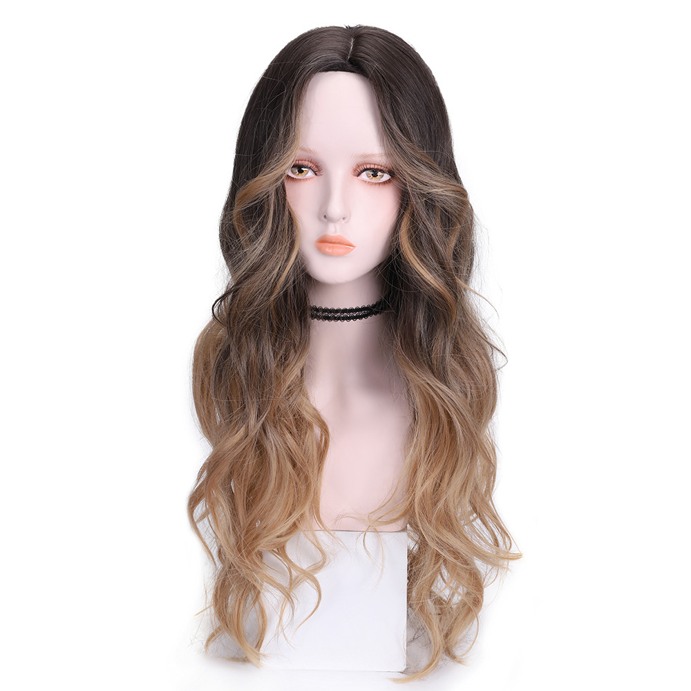 Golden hand-rolled wig female long hair...