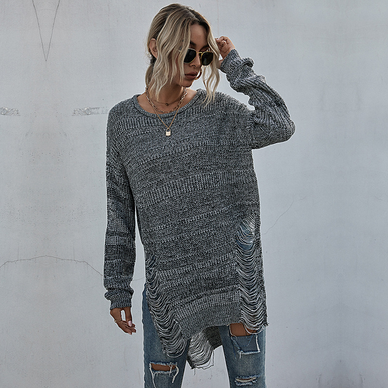 Solid Color Long-sleeved Round Neck Ripped Knitted Forest Style Sweater_voghion.com
