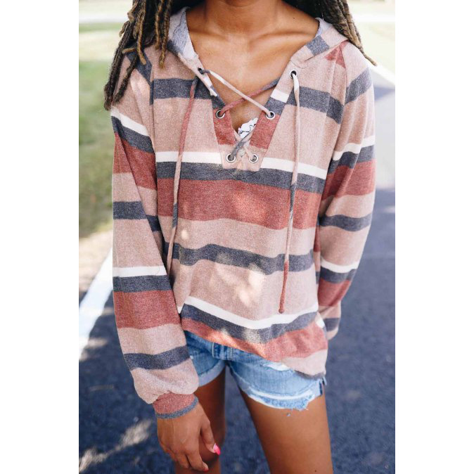 Printed Long-Sleeved V-Neck Casual Loose Top NSKX9675