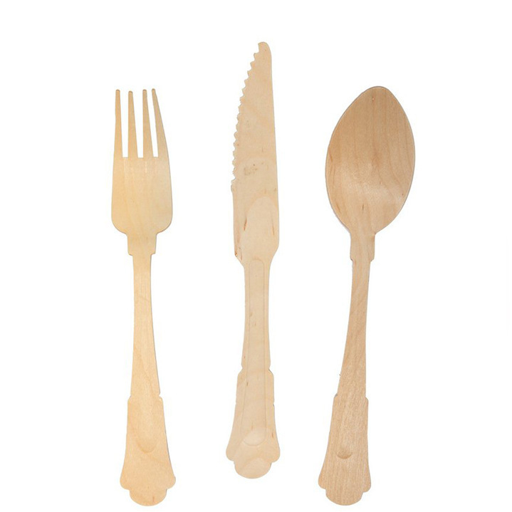 Disposable Cutlery Knife, Fork, Spoon Classic 20cm Wooden Cutlery Retro Birch Fork Spoon Knife Solid Color Eco-Friendly