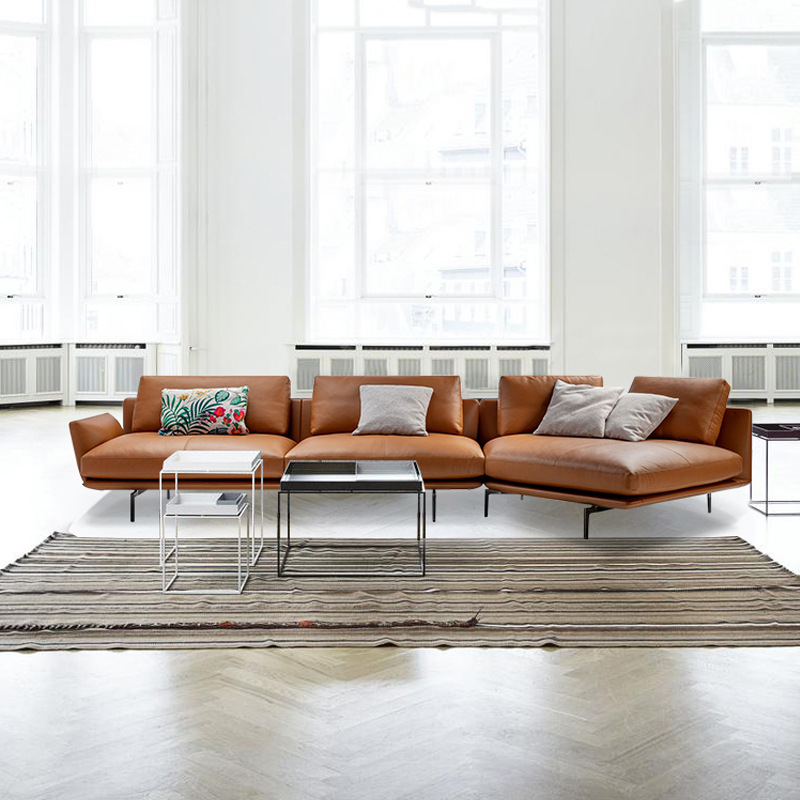 Sofá de cuero genuino, estilo minimalista italiano, piel de vacuno de primera calidad, sala de estar moderna, lujo nórdico ligero, chaise longue esquinera, totalmente de cuero genuino, importado.