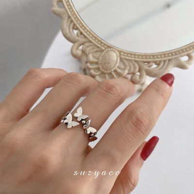 Korean Butterfly Old Open Ring Women's S925 Silver Fashion Personality Simple Ins Trendy Index Finger Ring