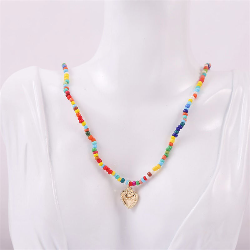 Bohemian Hand-woven Rice Beads Love Necklace Color Beaded Pendant Jewelry display picture 2
