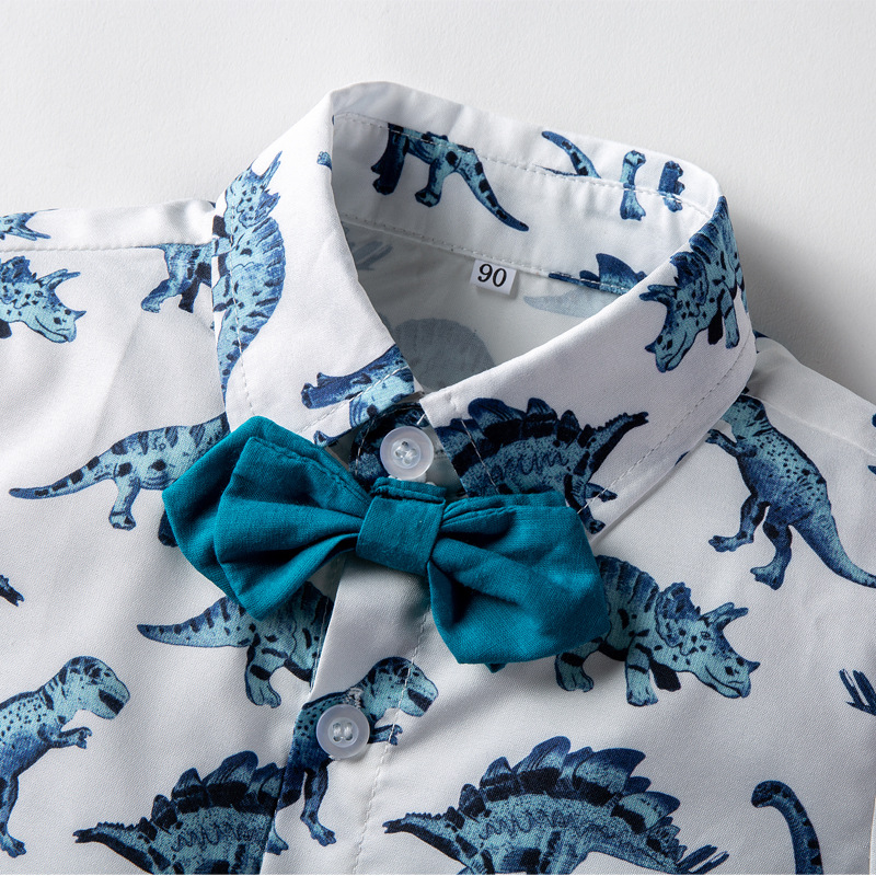 Camisa de verano para niños 2020 nuevo estilo coreano para niños transfronterizo de manga corta Caballero pajarita dibujos animados dinosaurio camisa casual