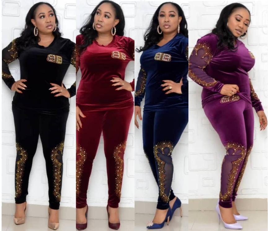 African Women'S Fashion Elastic Velvet Embroidery Hot Drill Plus Size Two Piece Set