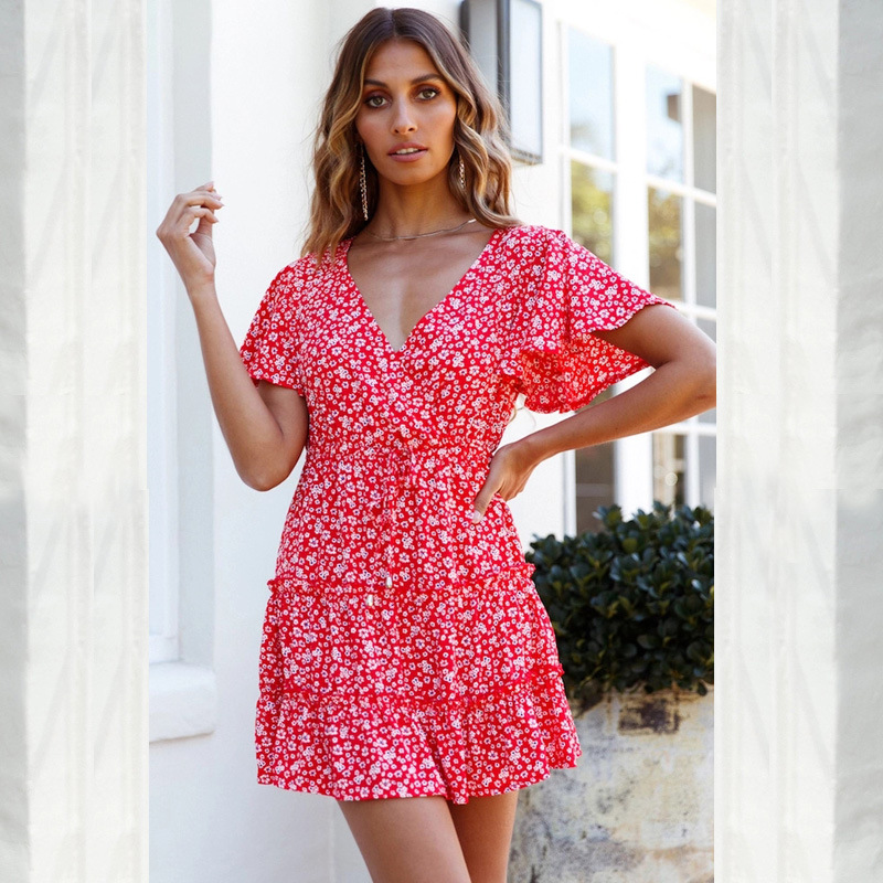 sexy deep v floral lace short sleeve pleated dress NSYD3922
