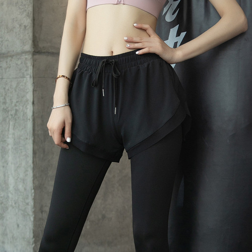 Women's False Two-Piece Elastic Tight Running Black Thin High-Waist Abdominal Toning Hip Lift Exercise Yoga Pants Wholesale