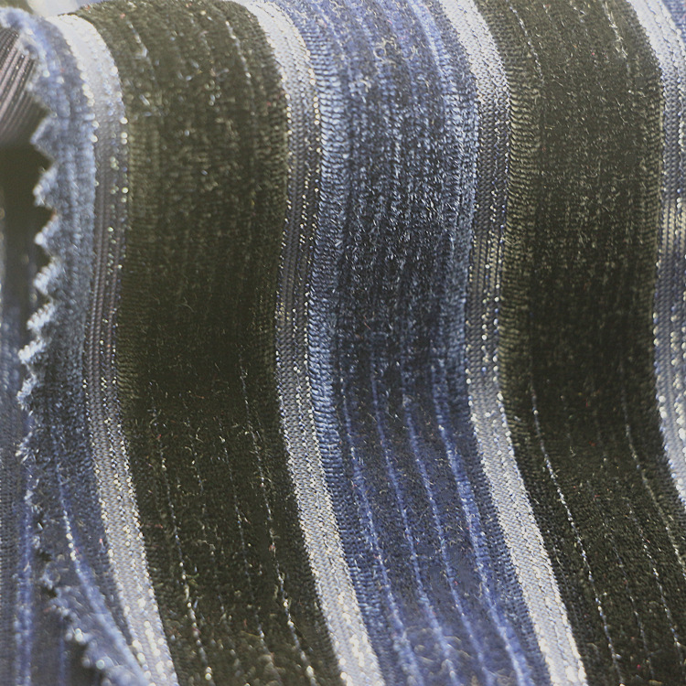 时尚服装面料针织经编弹力不倒绒金属丝银丝双色织竖抽条韩国绒布