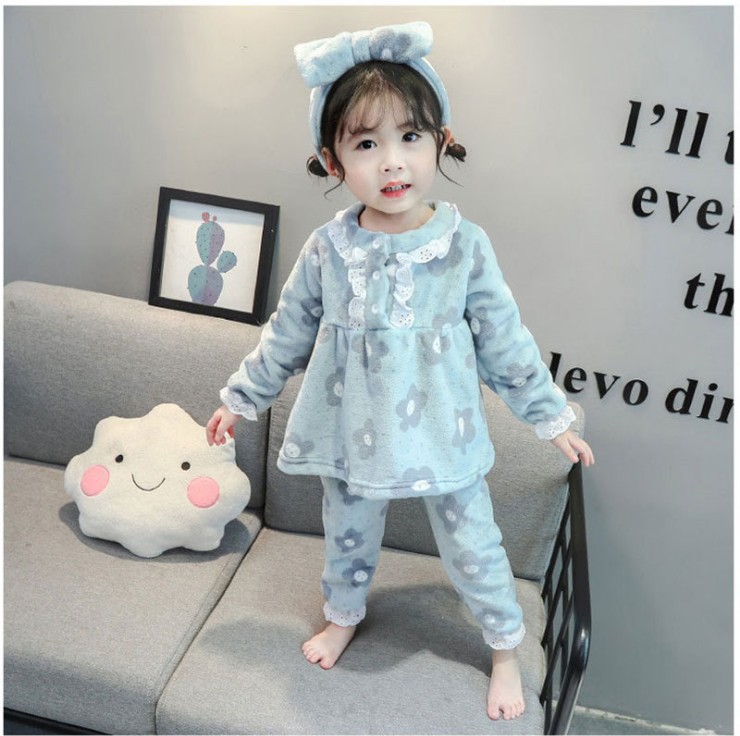 (2개) 2020 겨울 어린이 잠옷 세트 플란넬 풀오버 소녀 홈 의류 헤어밴드 포함