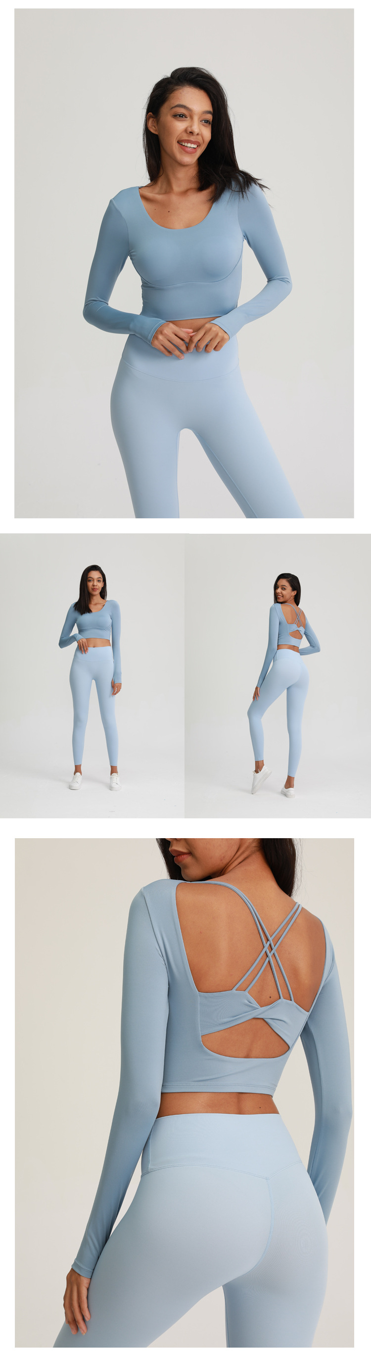 318g Weight Long Sleeve Sleeve Length Fitness Sport Style Solid Color Polyester U Neck Active Tops