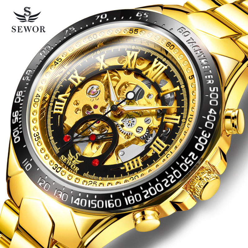SEWOR correa de acero de moda para hombres reloj mecánico automático reloj mecánico de negocios reloj transparente hueco 768