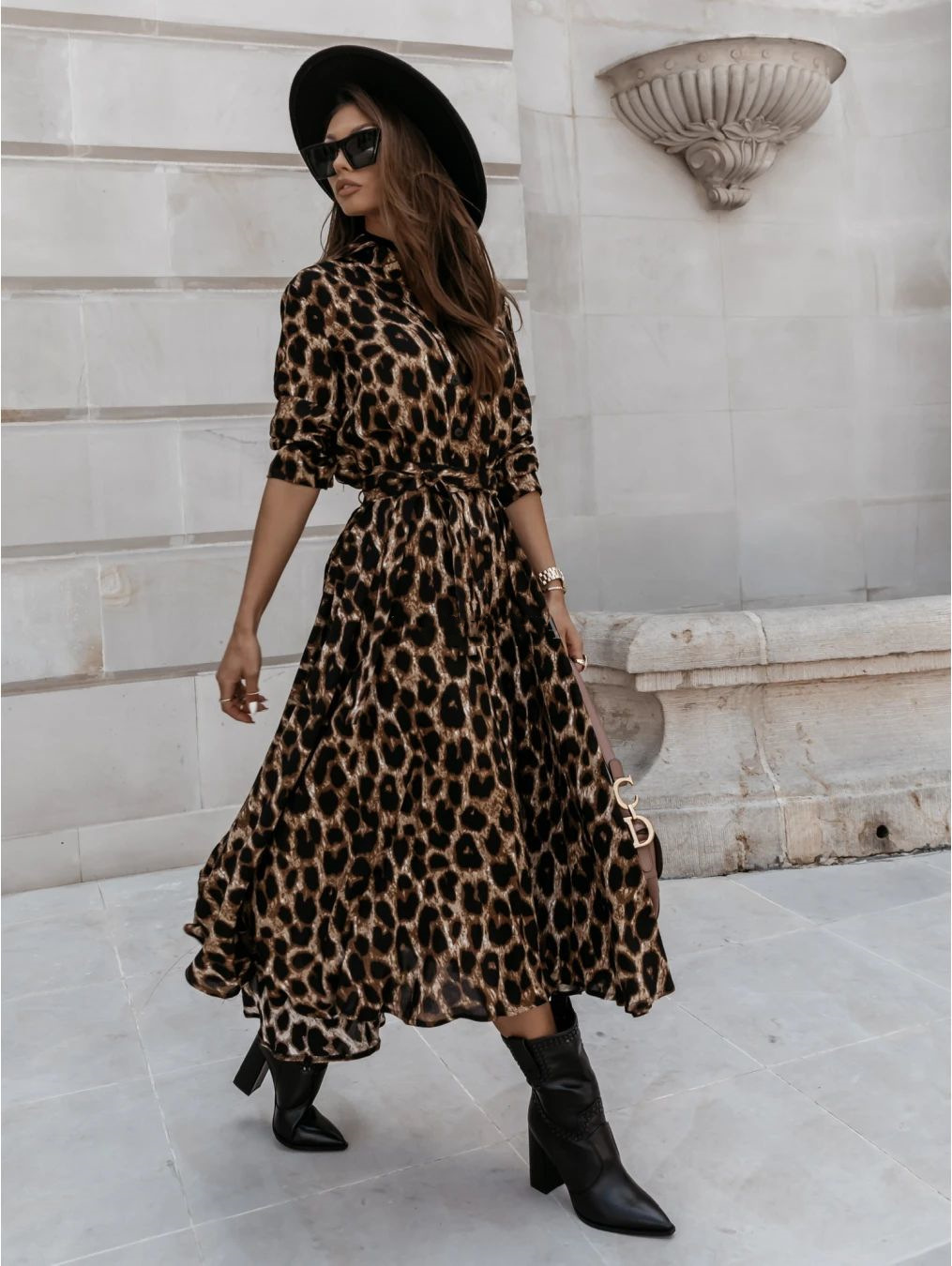 vestido de manga larga con cuello en V y estampado de leopardo NSYD3730