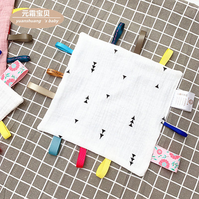 跨境 标签安抚巾纱布纯棉绉布手帕新生儿安抚玩具婴儿全棉口水巾