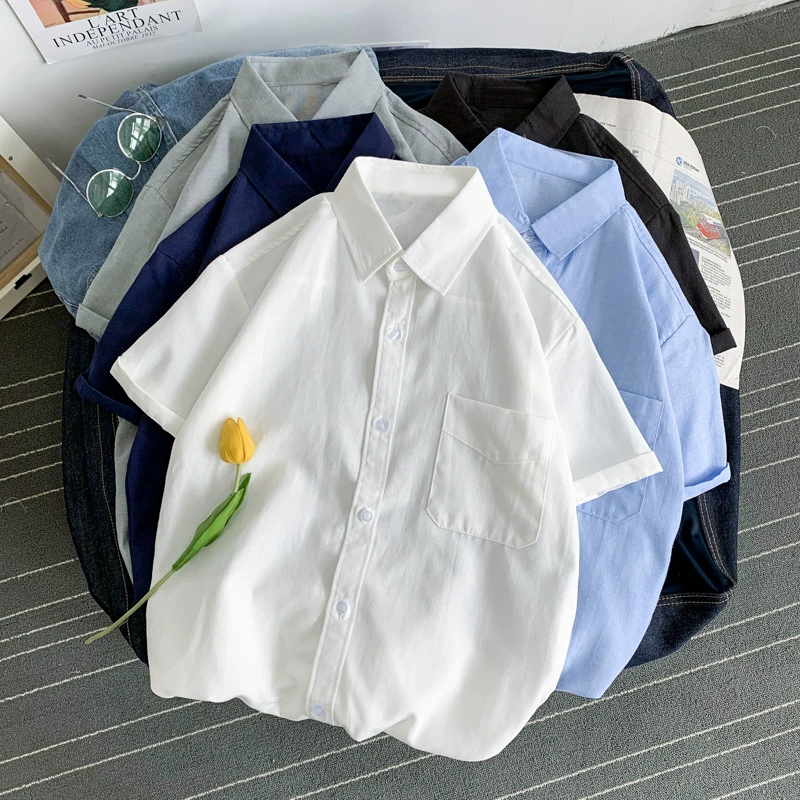 Рубашка с коротким рукавом (Summer) корейского кроя, модные цвета — размеры S–3XL