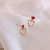 Red earrings heart shaped, fashionable silver needle, simple and elegant design, silver 925 sample, internet celebrity