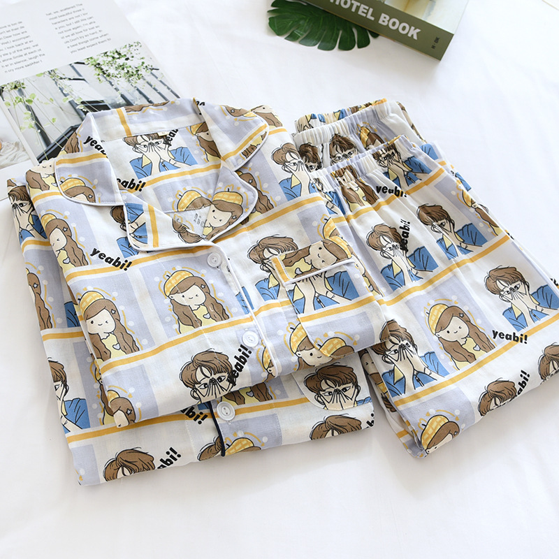 春夏秋新款纱布情侣套装 棉纱男女式家居服 卡通女孩简约大码睡衣