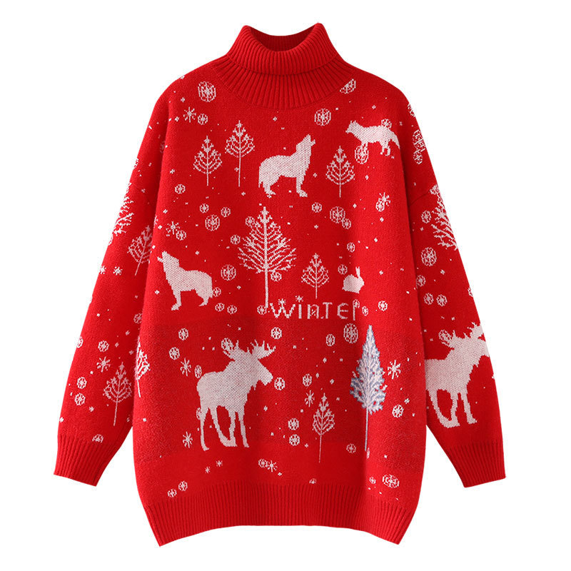 Women's Clothing Autumn and winter loose outer wear retro style thick wear Christmas super fairy high collar pullover sweater female lazy trend_voghion.com