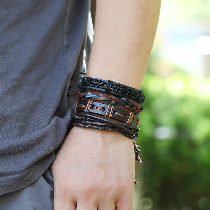 Bracelet De Perles En Bois Mélangé De 12 Pièces En Cuir De Vache Tissé Rétro À La Mode display picture 5