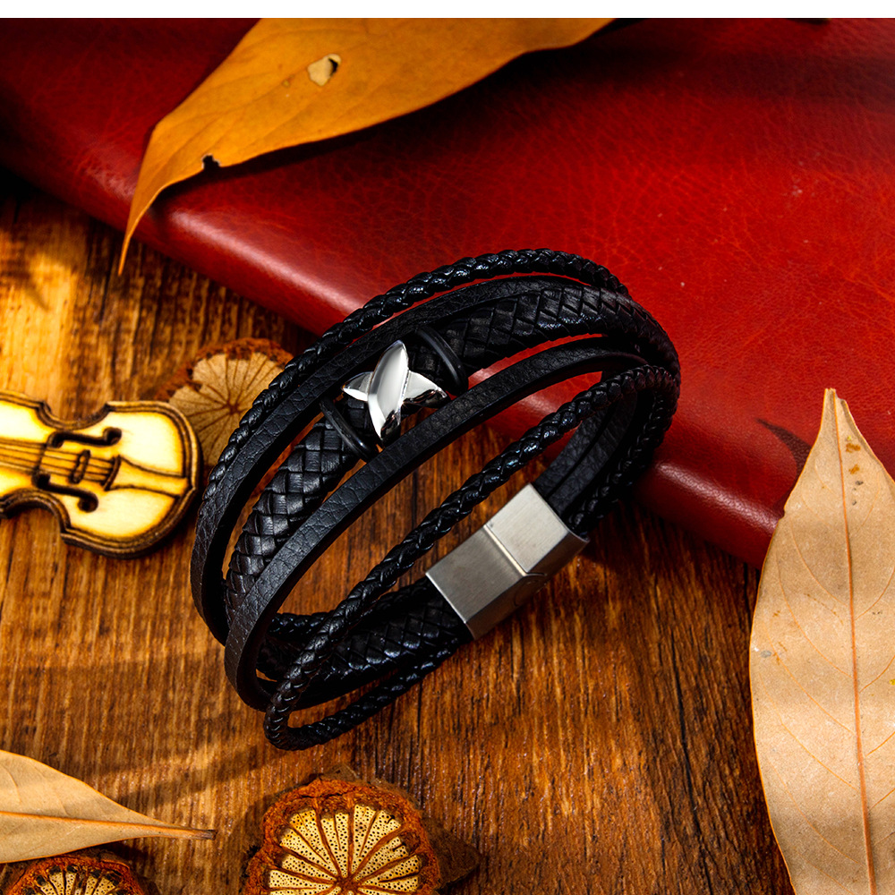 Wholesale Men's Multi-layer Woven Leather Bracelet Stainless Steel X-shaped Leather Bracelet display picture 1