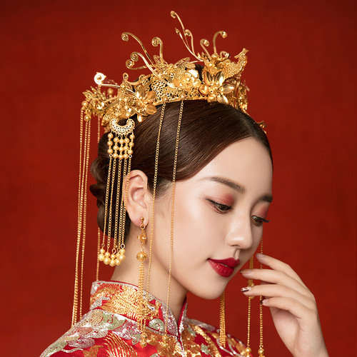 Bride's Xiuhe dress headdress, wedding Chinese-style Hewei hair accessory, ancient style hair crown, golden crown-style full round headdress, ancient costume