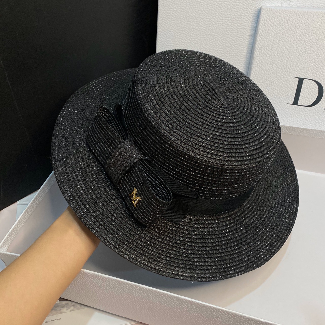 Japanese straw hat summer Dilraba style bow flat top sun hat, wide-brimmed sun hat for outings and sun protection detail image 11