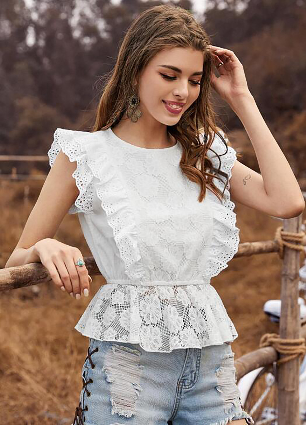 Sexy see-through cropped top ruffled lace shirt wholesale  NSDF1510