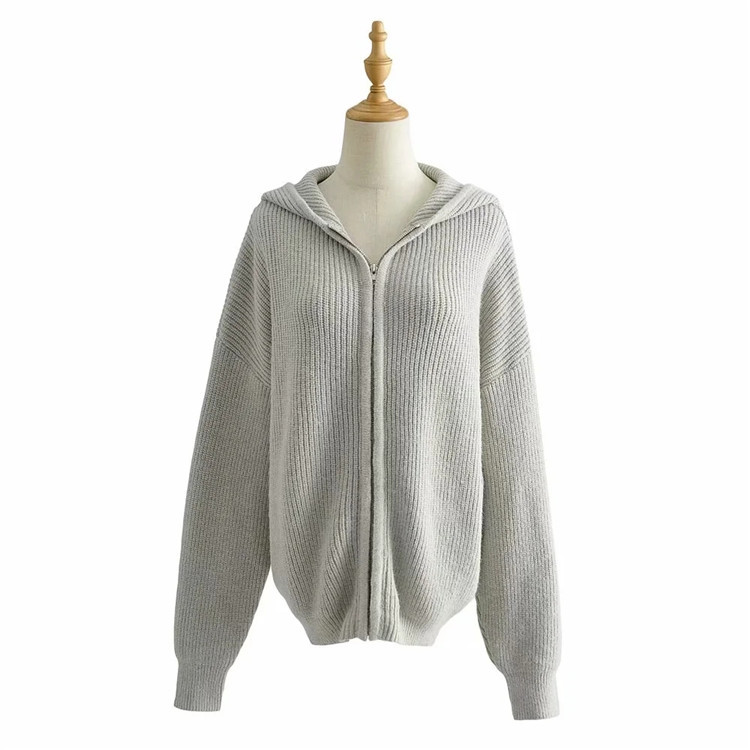 thick loose and thin hooded gray sweater cardigan NSLD11662