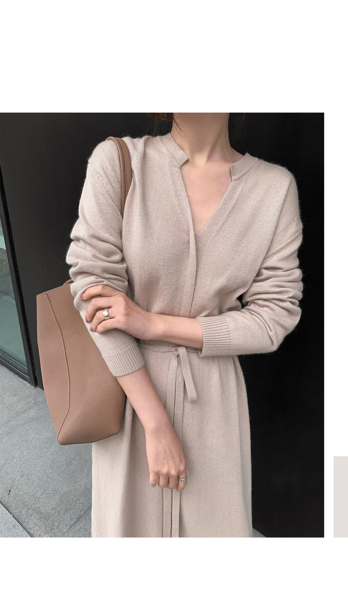 Dress Autumn Winter Simple Temperamental Slimming Solid Color Mid Length over the Knee Drawstring Waist Knitted Dress Women