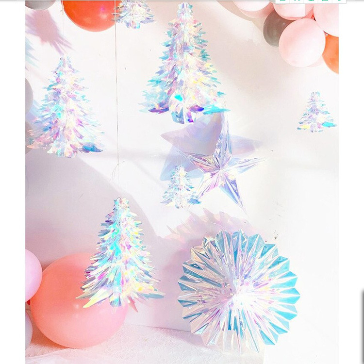 冰雪奇缘幻彩虹膜拉花雪花六角星派对装饰圣诞节松树生日背景布置