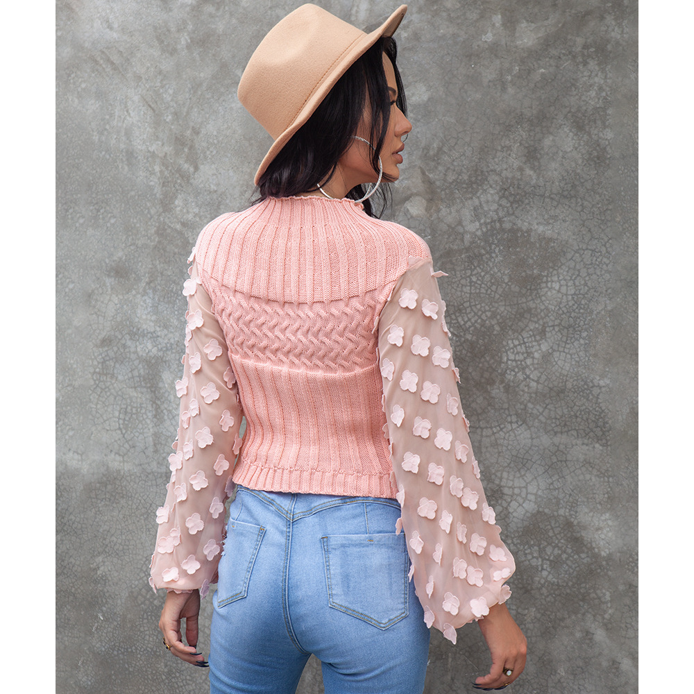 Puff Sleeve Mesh Stitching Round Neck Sweater NSSA26503