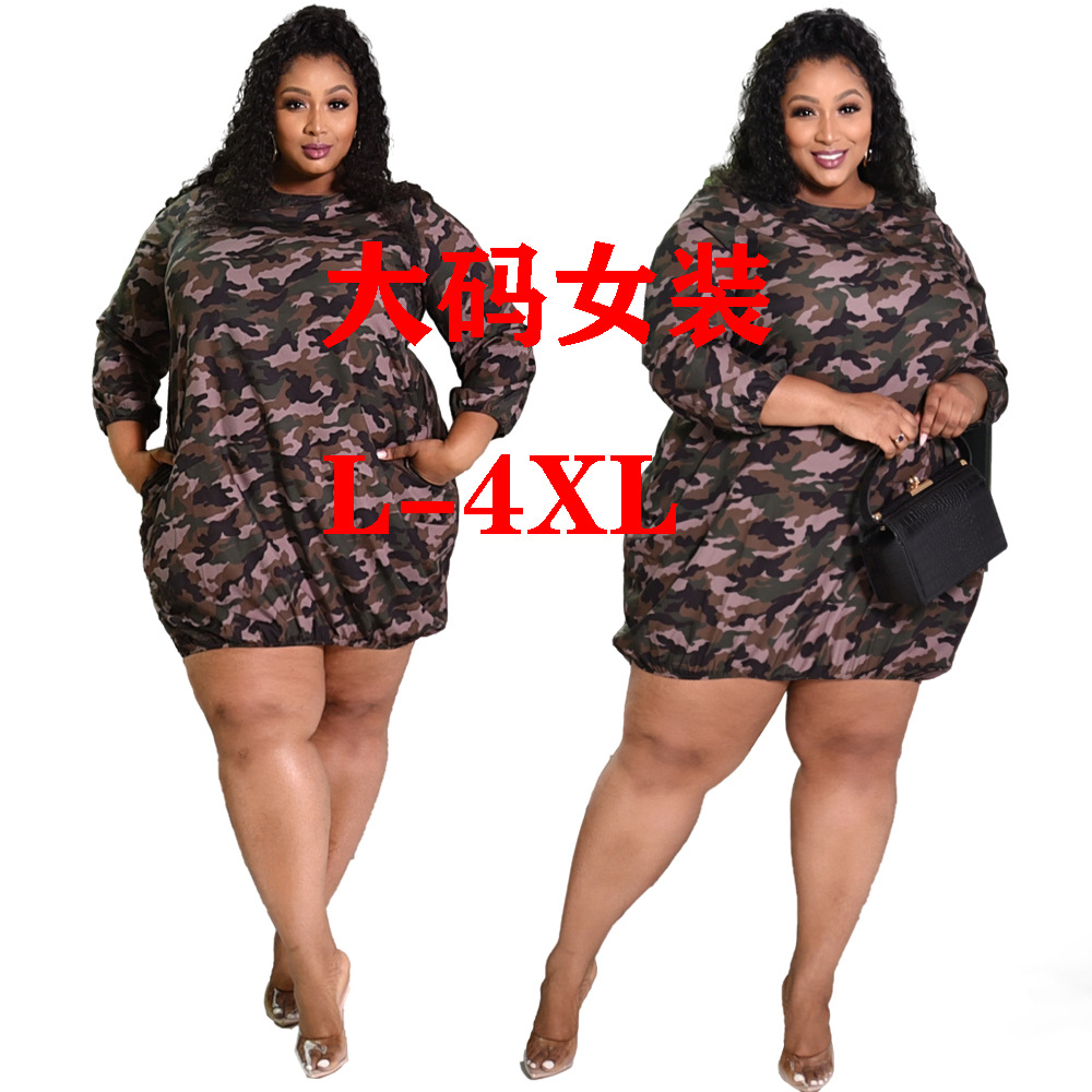Y9038亚马独立站泉州外贸欧美大码女装迷彩休闲时尚连衣裙有口袋