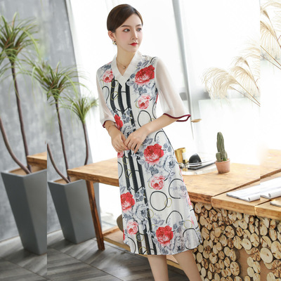 2020 summer Improvement Hanfu Ethnic style peony printing Days polyandrum Big sleeves Dress grace