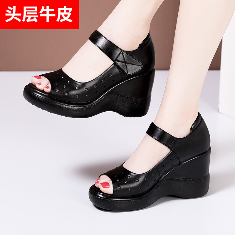 Breathable Genuine Leather Platform Thick Bottom All-Match Comfortable Mother High Heel Wedge Soft Bottom Platform Large Size Fish Toe Sandals for Women