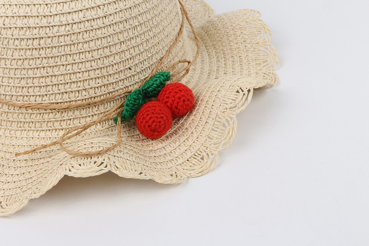 Cherry Lace Wave Straw Hat Bag Set Children&#39;s Sun Hat Summer New Outdoor Sun Hat display picture 1