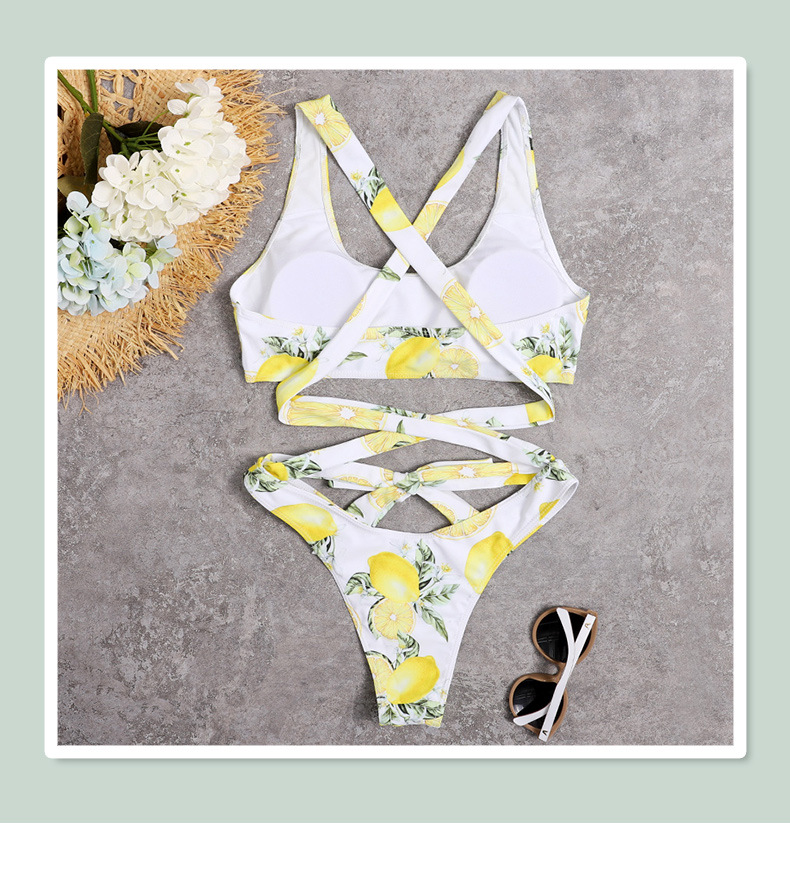 Lemon Printed Cross Waistband Bikini Swimsuit Set NSALS50298