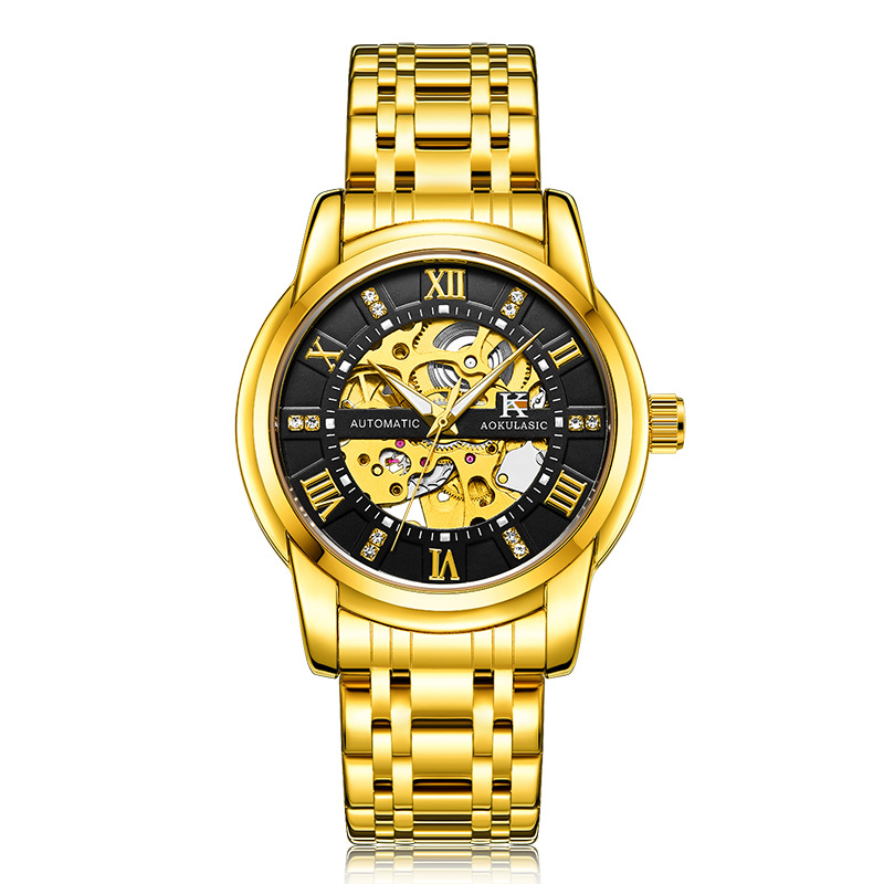 Ogulas AOKULASIC hombres correa de acero reloj mecánico automático hueco volante negocio reloj 5066
