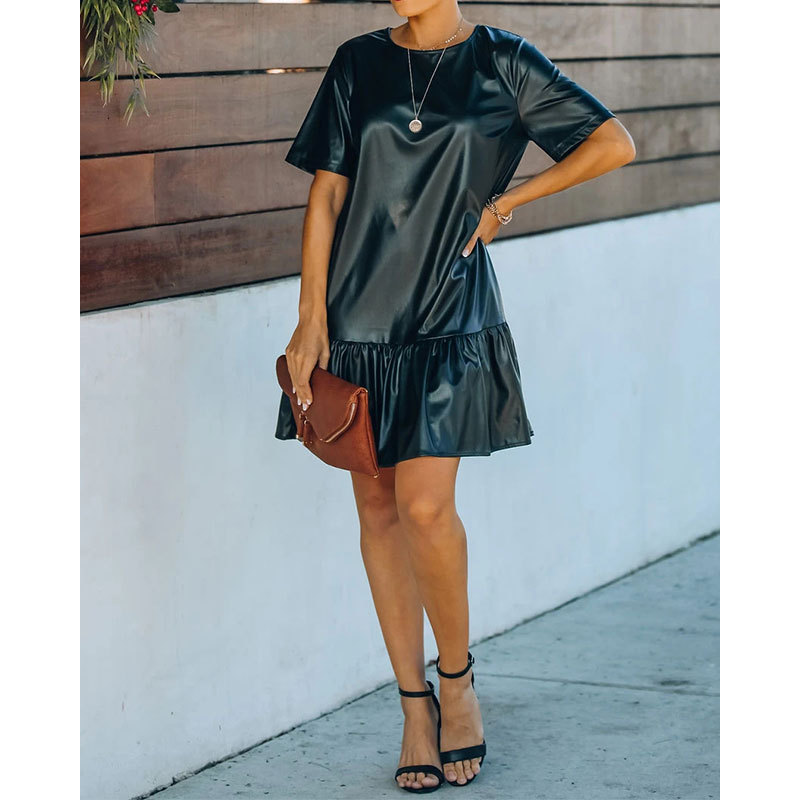 Autumn Winter Office Ruffled Loose Slimming Patent Leather Faux Leather Short Sleeve Dress
