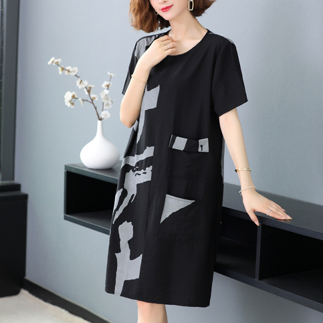 Dress Medium Length loose round neck long skirt summer short sleeve Pullover