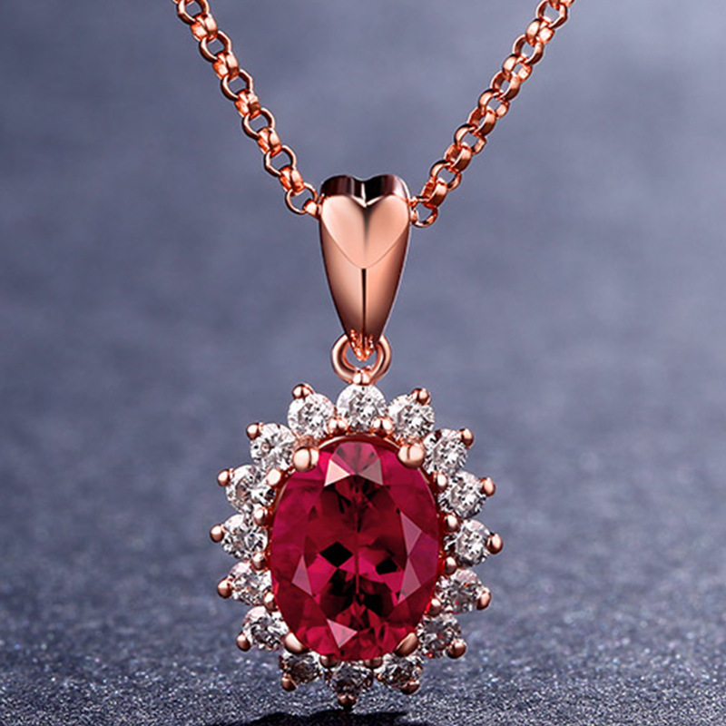 Pigeon Red Gem Sunflower Pendant Simulation 18K Gold Set Diamond Color Treasure Necklace European and American Rose Gold Clavicle Chain Pigeon Red Gem Sunflower Pendant Simulation 18K Gold Set Diamond Color Treasure Necklace European and American Rose Gold Clavicle Chain