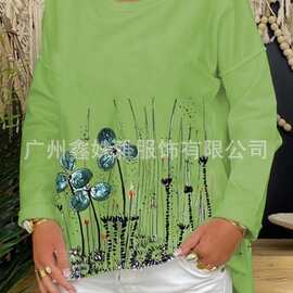 2020跨境供欧美新款不规则毛边长袖针织卫衣T恤印花大码休闲女装