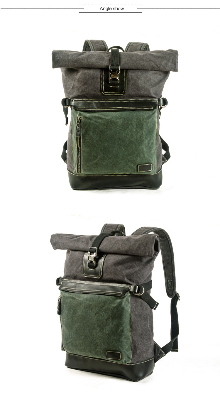 Canvas & Leather Backpack Bag Grey, Green