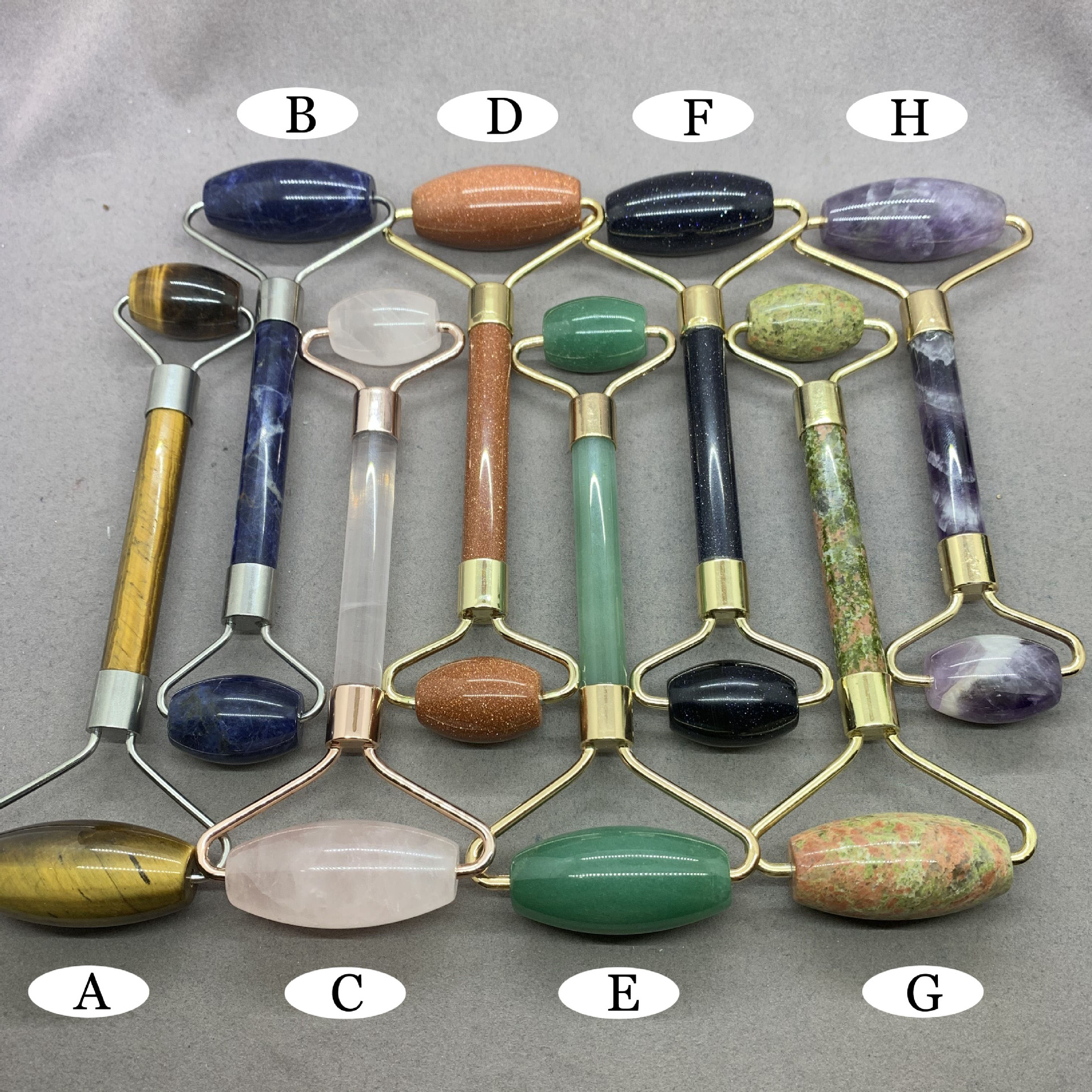 Piedra natural de doble cabeza rodillo de masaje palo amatista rosa cristal flor verde Aventurina azul patrón azul arena oro arena amarillo Ojo de Tigre