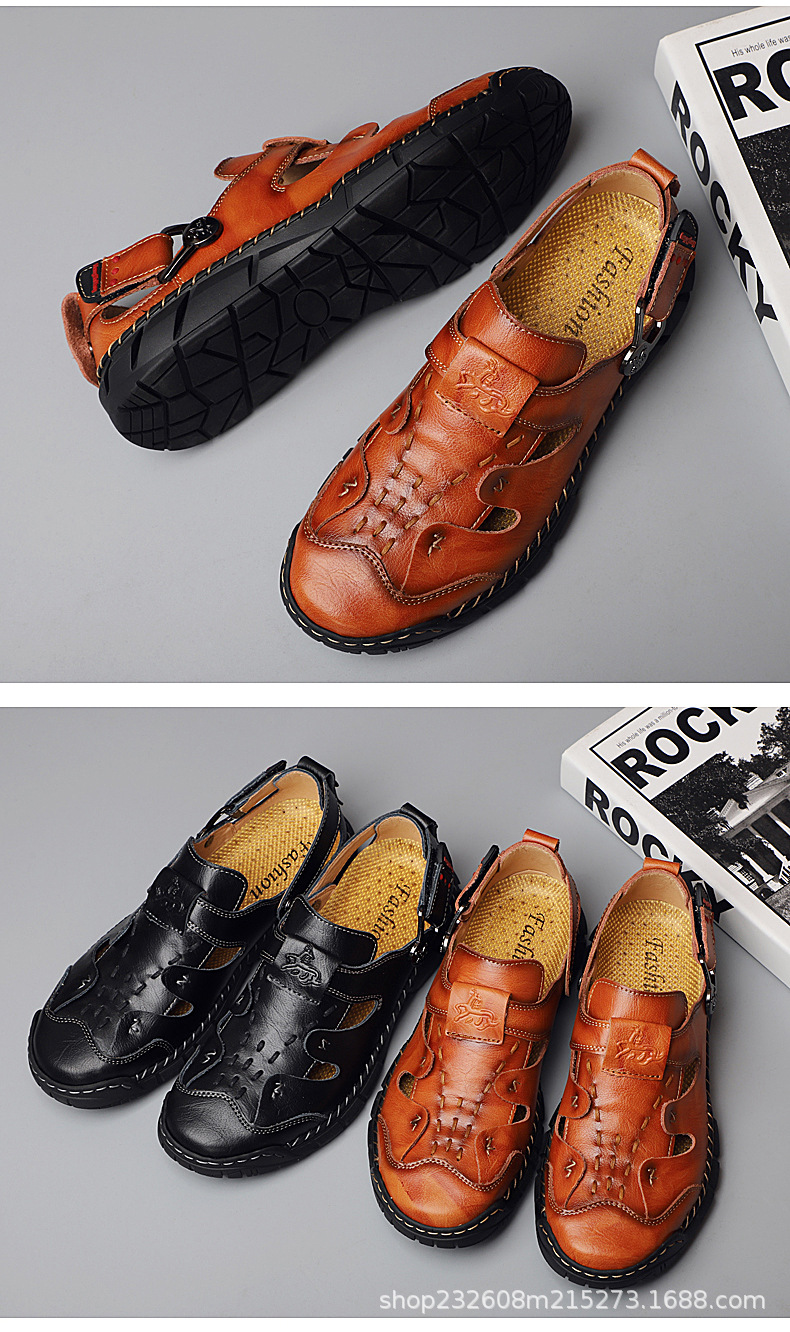 Cross-border genuine leather men's breathable large size 50 sandals, men's 49 massage sole, foreign trade cowhide beach shoes, casual men's slippers undefined