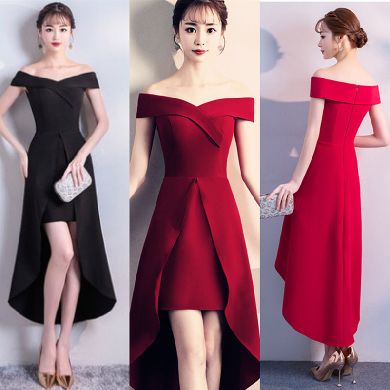 一字肩敬酒服新娘2020新款酒红色中长款小个子结婚晚礼服裙女