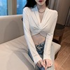 V-neck low chest open navel short T-shirt long sleeve top single T-shirt