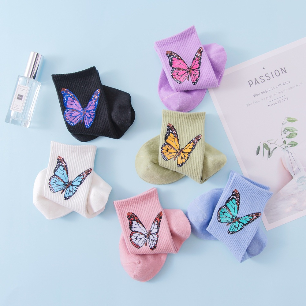 Cotton Fabric Type Stretchy Elasticity Women's Japanese Style Butterfly Cotton Crew Socks A Pair