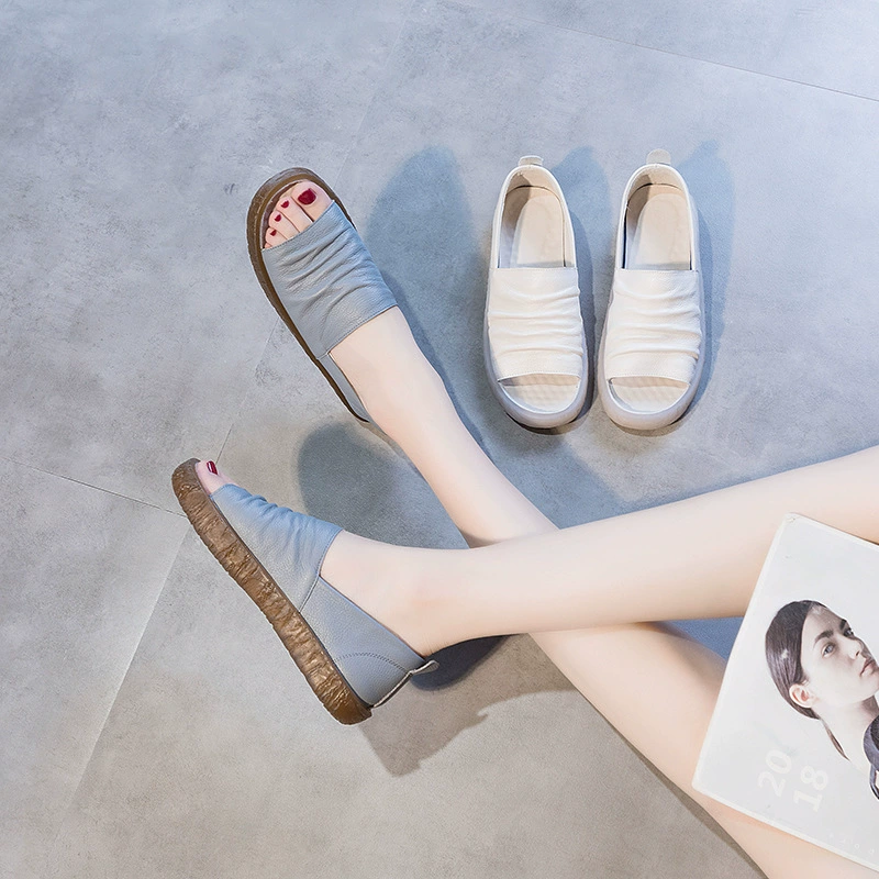 Новые сандалии, женские туфли из натуральной кожи на мягкой подошве, плиссированная обувь ручной работы, обувь для мам с рыбьим носком, повседневная обувь для беременных в студенческом стиле