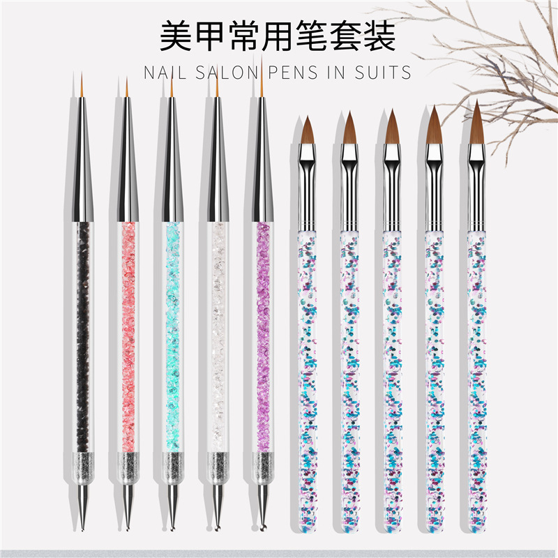 Venta directa de fábrica lentejuelas de uñas pluma de cristal de doble cabeza punto taladro dibujo pluma traje 10 piezas conjunto de uñas pluma