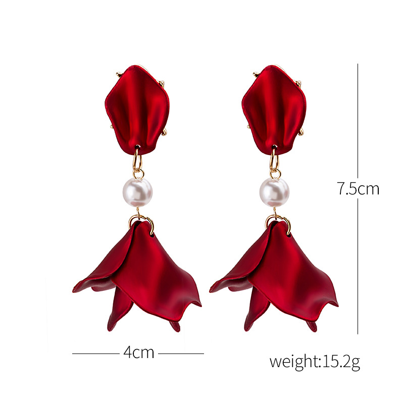 Boucles D&#39;oreilles En Métal Strass Pompon Pétale De Rose Rouge Sexy Corée display picture 15