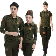 秋季新款水兵舞服裝全新軍綠迷彩短袖T恤女式廣場舞套裝上衣